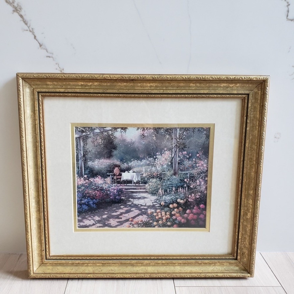 Framed Wall Art Vintage Print Tea Time Garden E.F. Maes Double Gold Frame 14x16